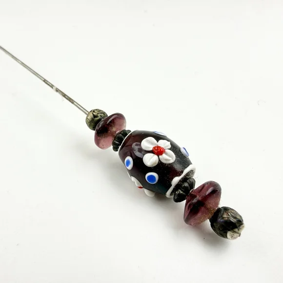Victorian Lampwork Hat Pin Floral Glass Bead 7 Inch Antique Stick Pin - Picture 2 of 8